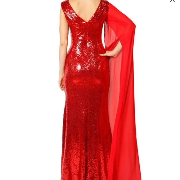 Cape Shoulder Pleated Elegant Red Sequin Sleeveless Gown - Picture 3 of 12